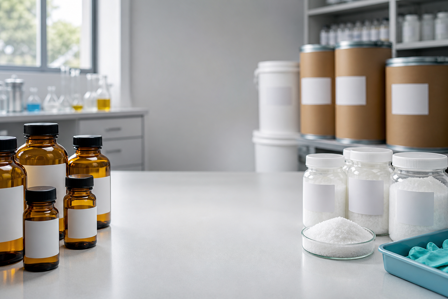 Vitamin raw materials on a laboratory bench: amber oil bottles, white powder jars, and bulk drums